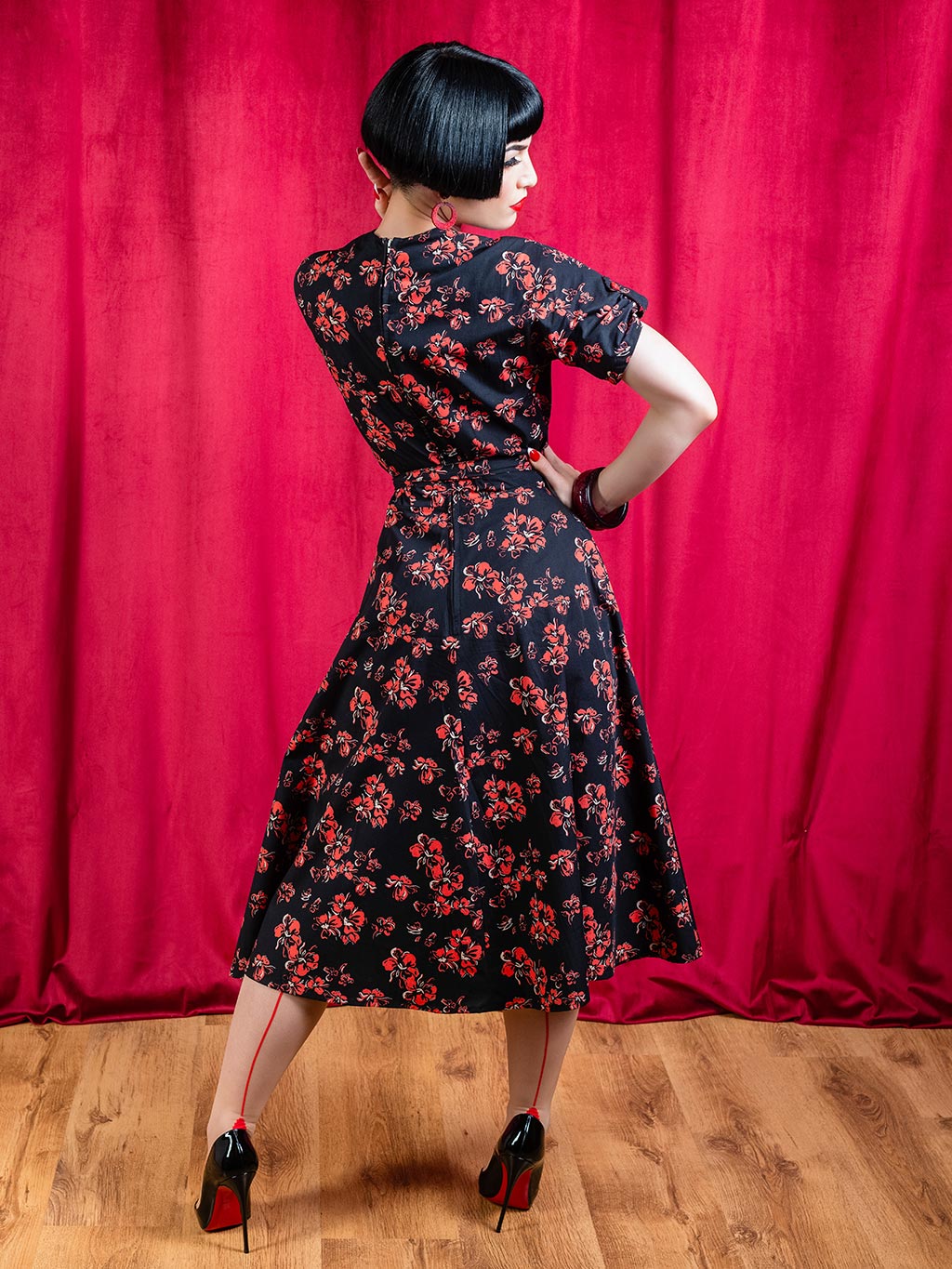 Dolly 1940s Black &amp; Red Floral Dress V021BRC