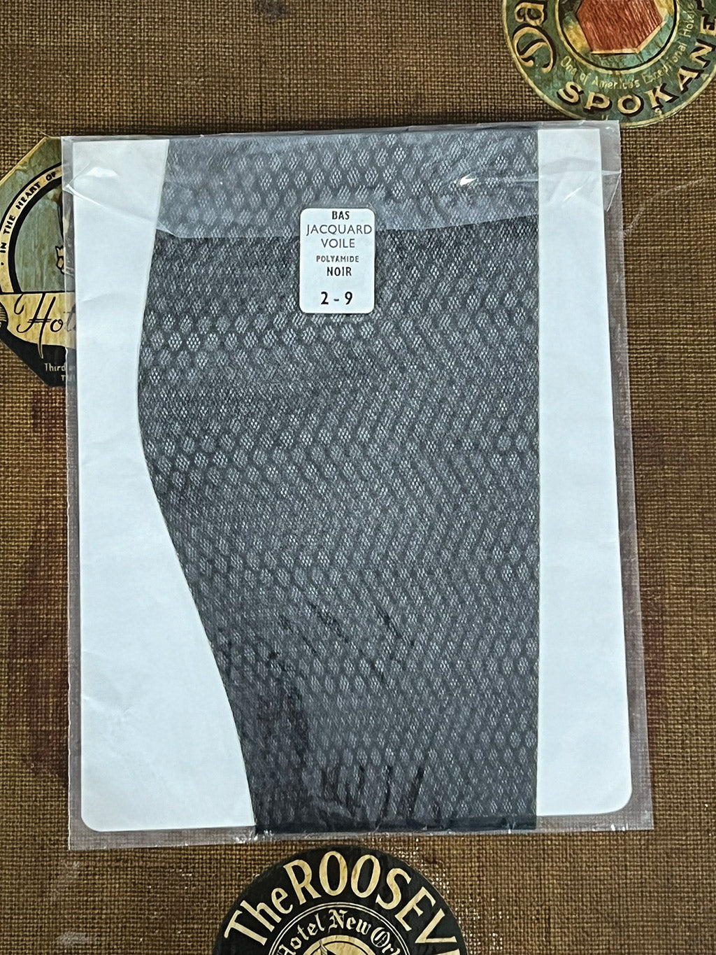 Vintage Black Jacquard Voile Stockings front
