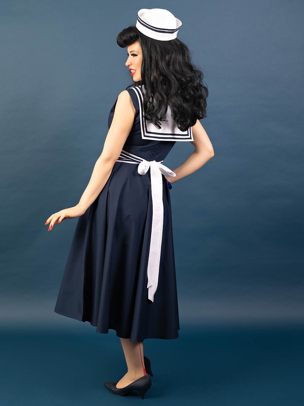 vintage sailor dress in navy blue cotton with detachable belt and scarf