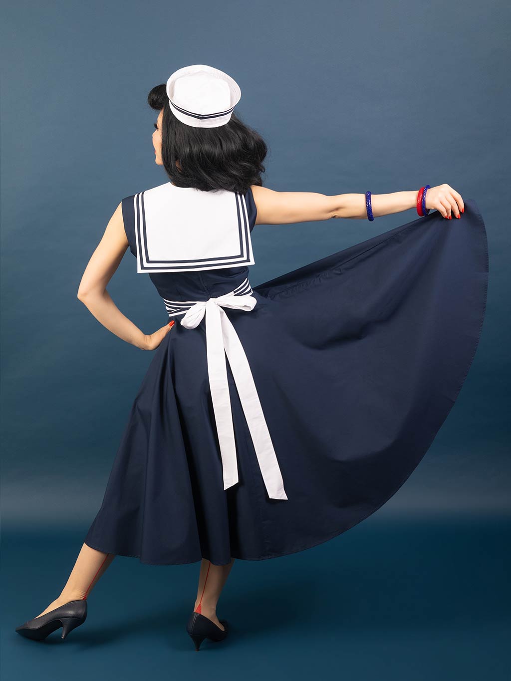 1950s sailor dress in navy blue cotton with detachable belt and scarf