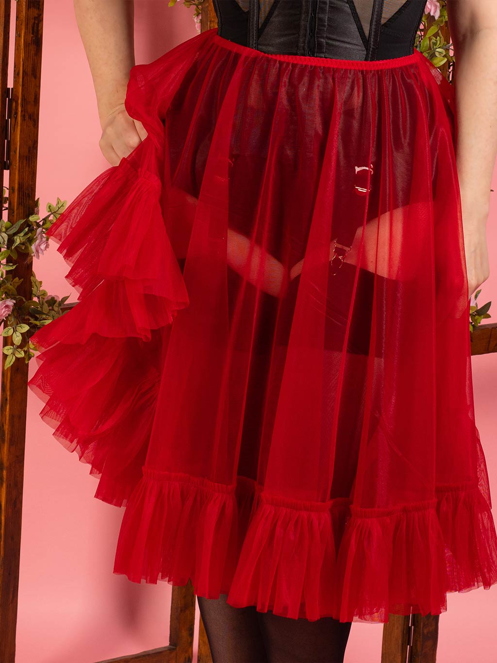 sheer red frilly petticoat