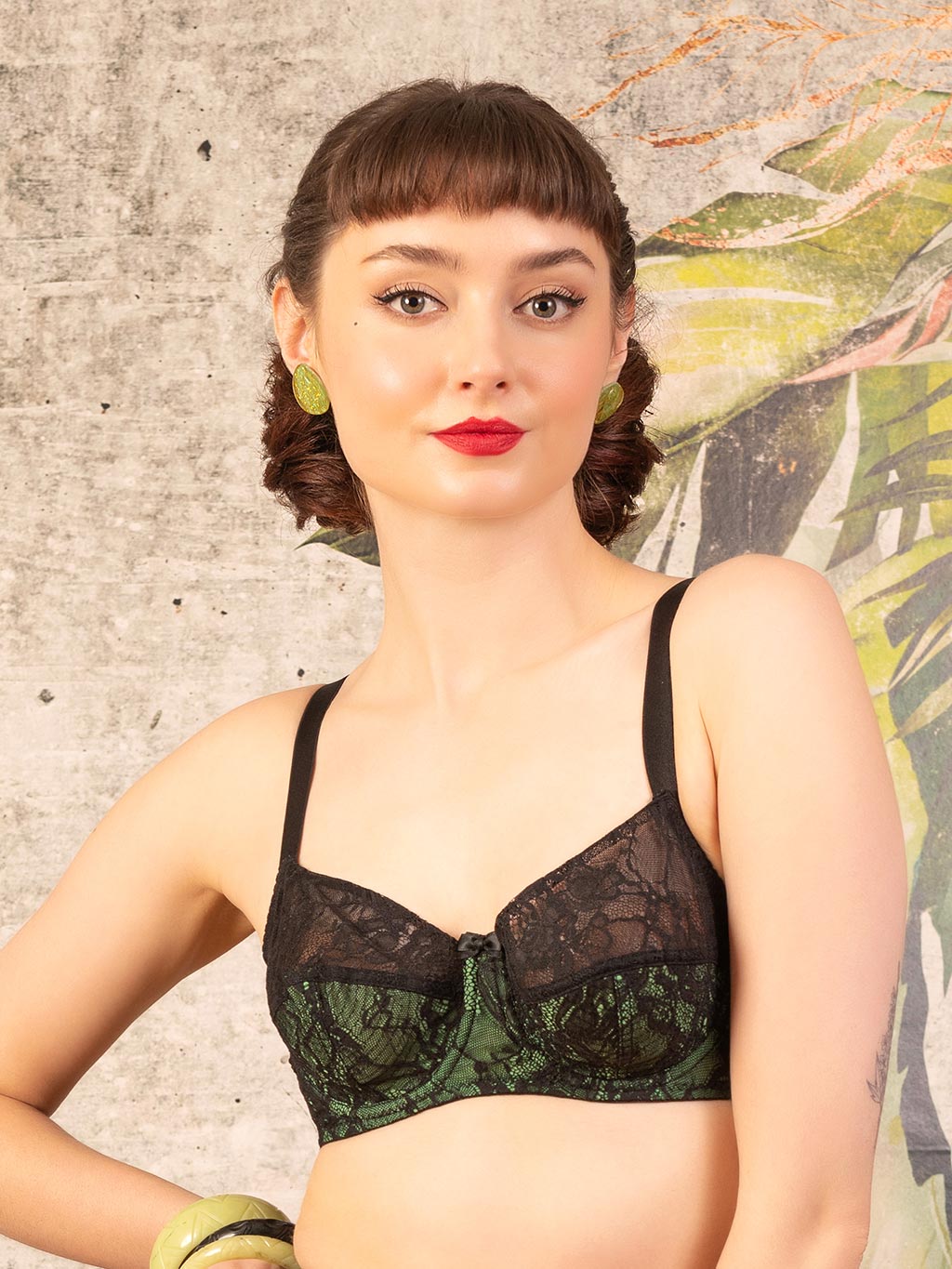 vintage green bra with black lace overlay 