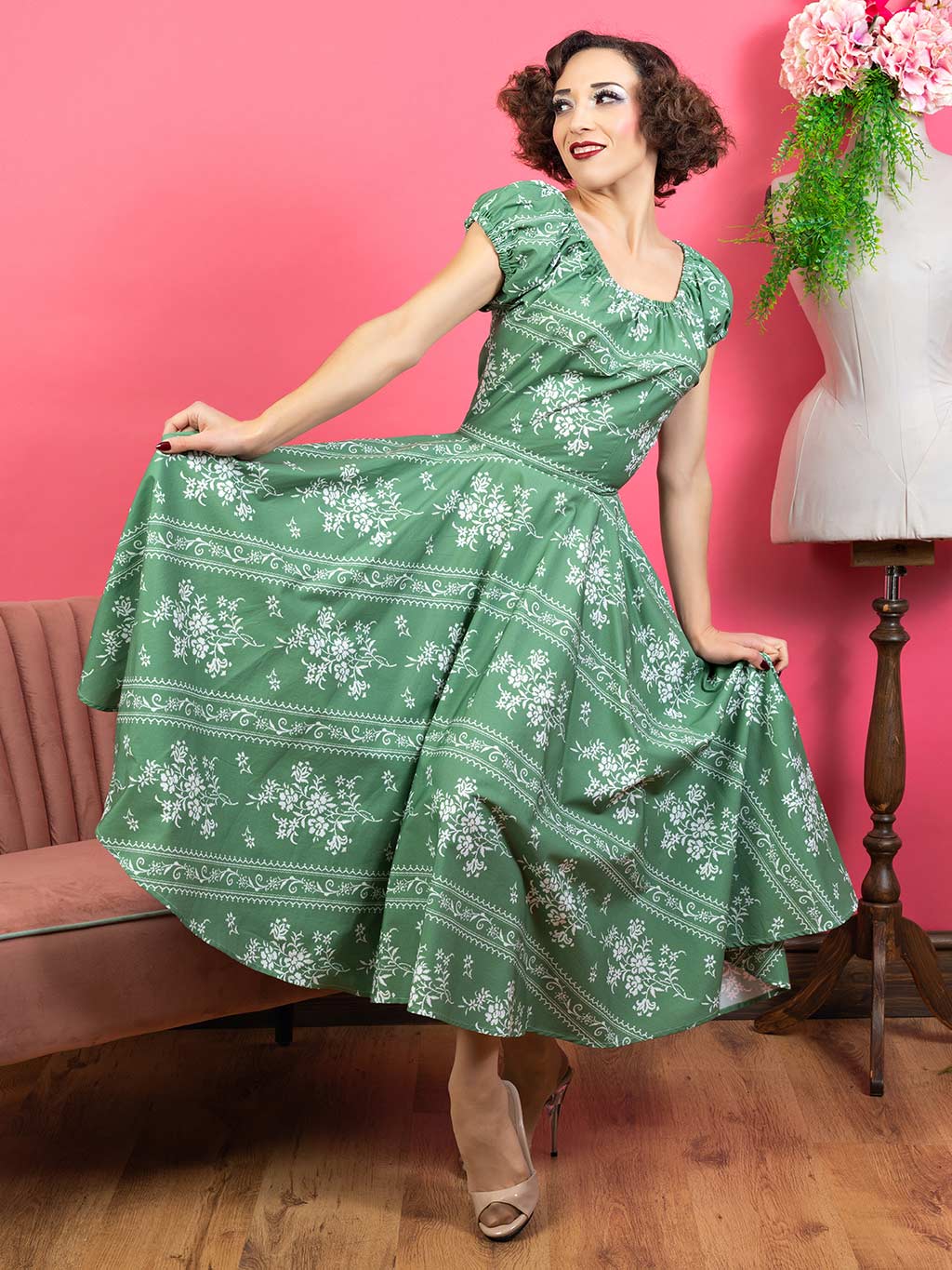 1950s green floral dress