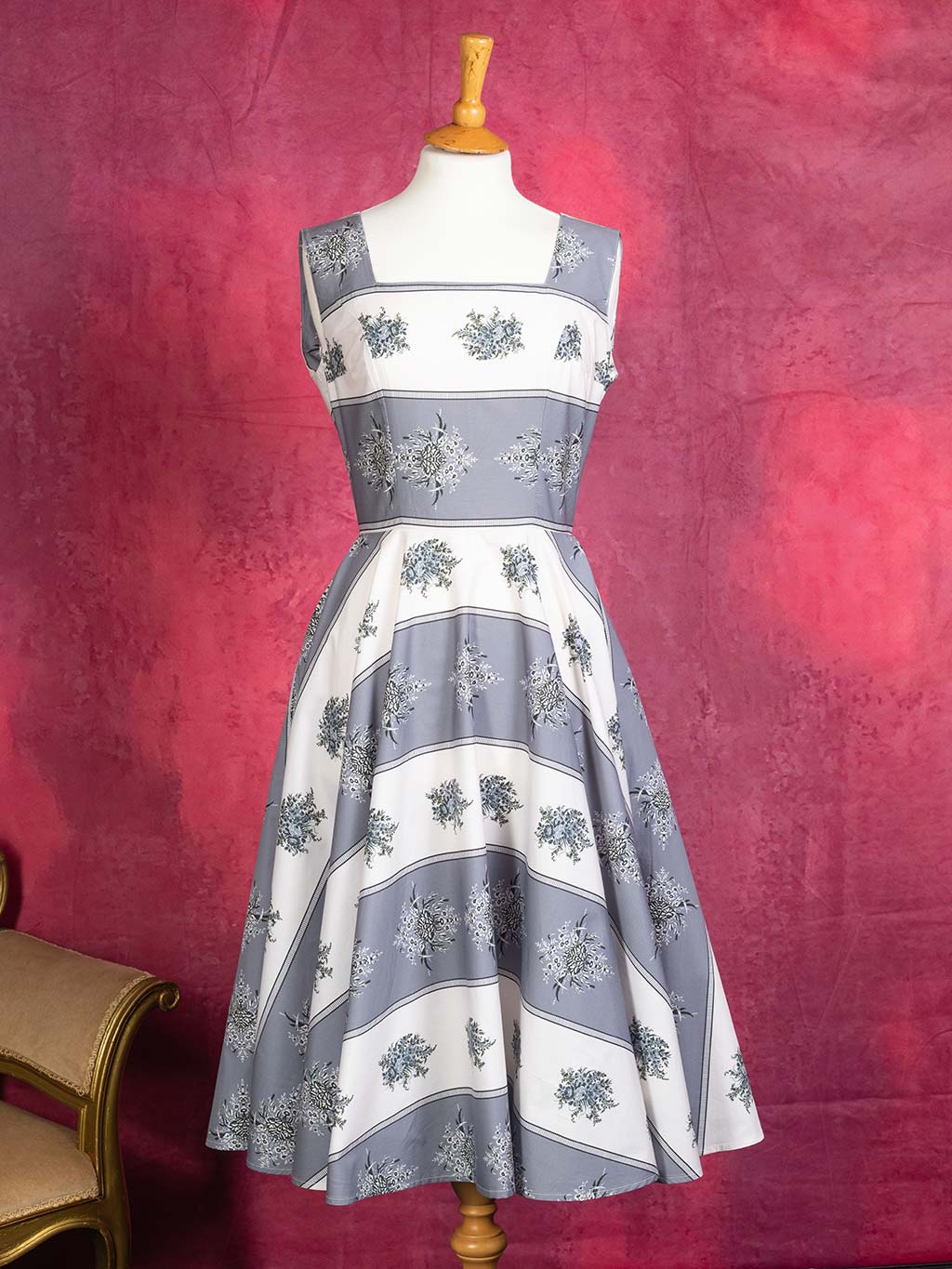 grey and white 1950s dress with floral print