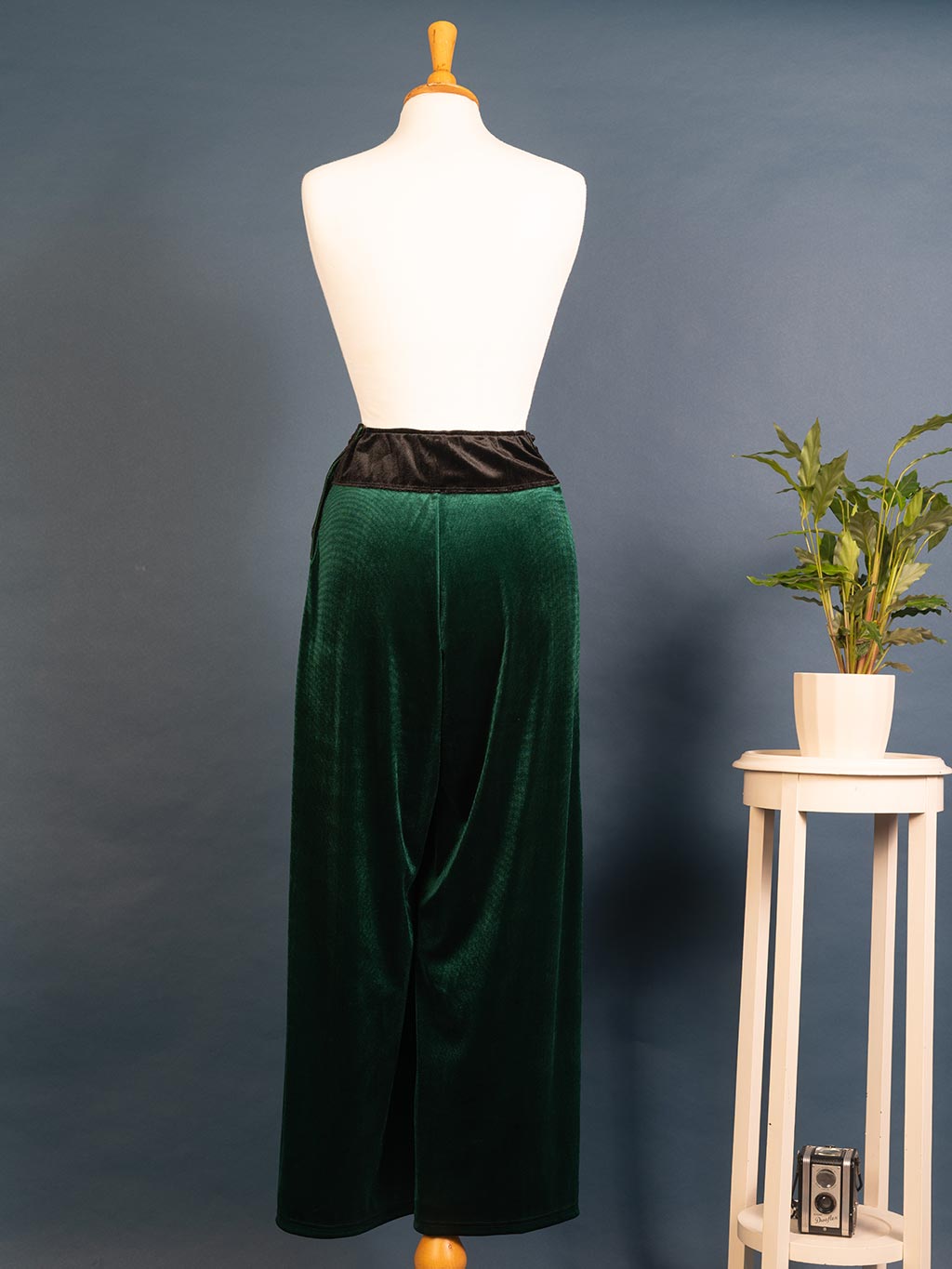 wide leg green velvet trousers