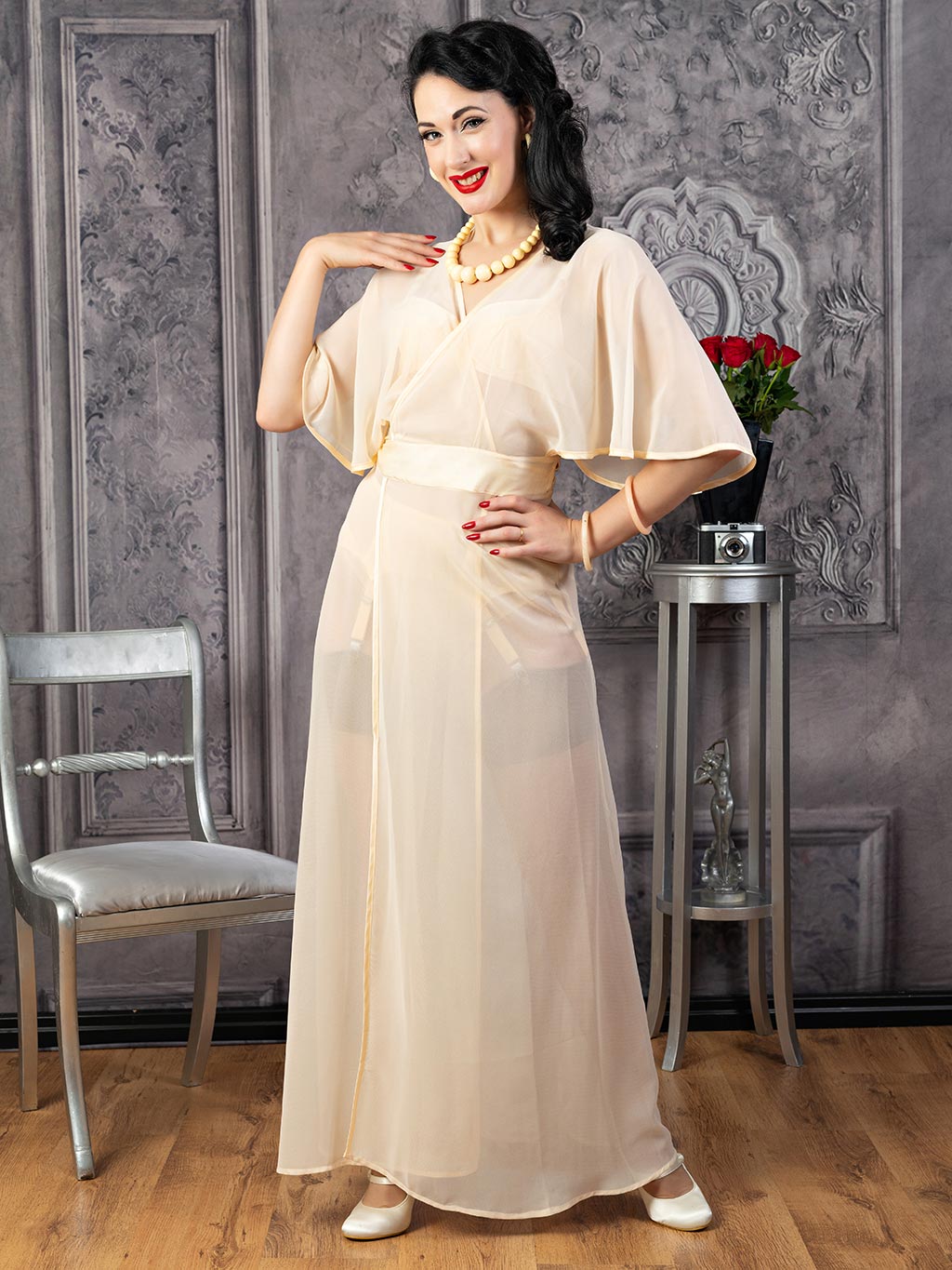 1930s inspired semi sheer full length georgette and satin robe in vintage peach
