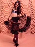 1950s black frilly nylon petticoat worn with black stockings and vintage blue lingerie