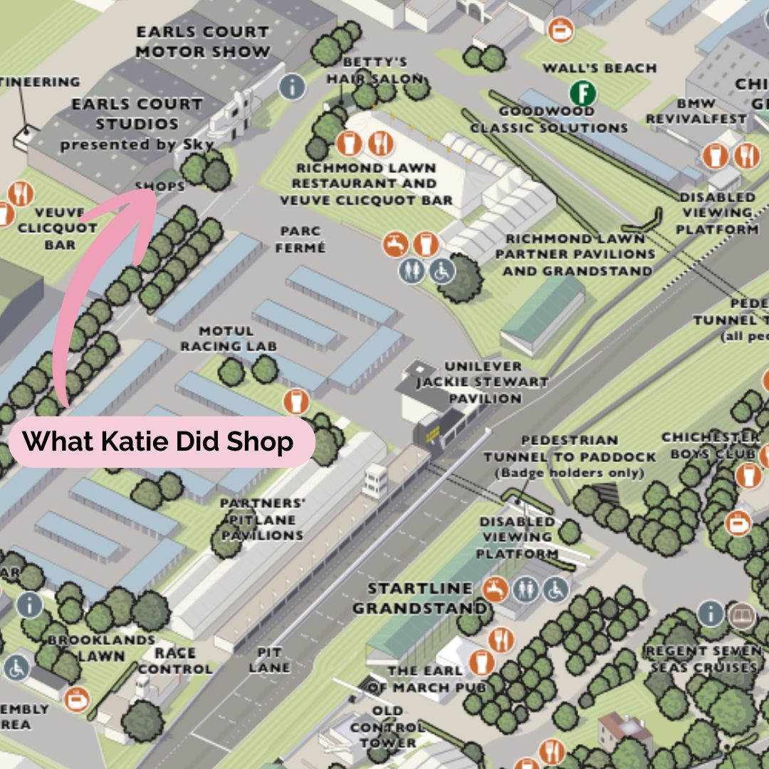 An illustrated map of The Goodwood Revival with labeled landmarks and shops, including Earls Court Motor Show, Richmond Lawn Restaurant, and various icons for attractions and services. A pink callout reads 'What Katie Did Shop'.