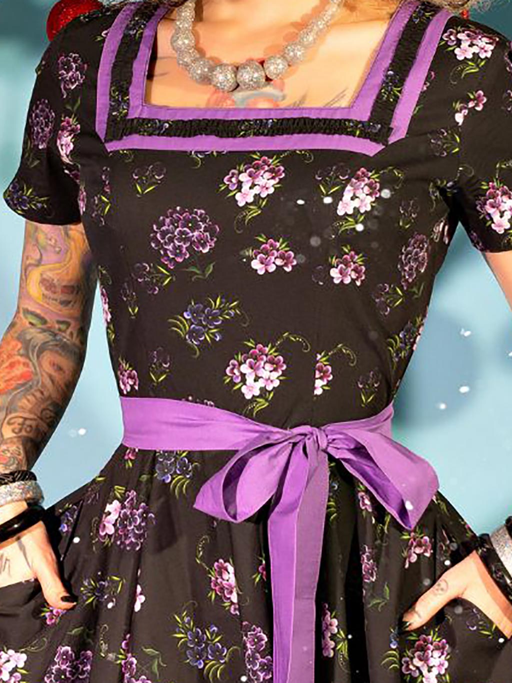 close up of a 1950s floral print dress