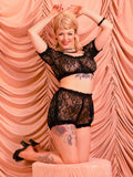Full-length front view of model in Priscilla Black Lace Bloomers and Babydoll Top, showcasing vintage-inspired loose fit and playful styling