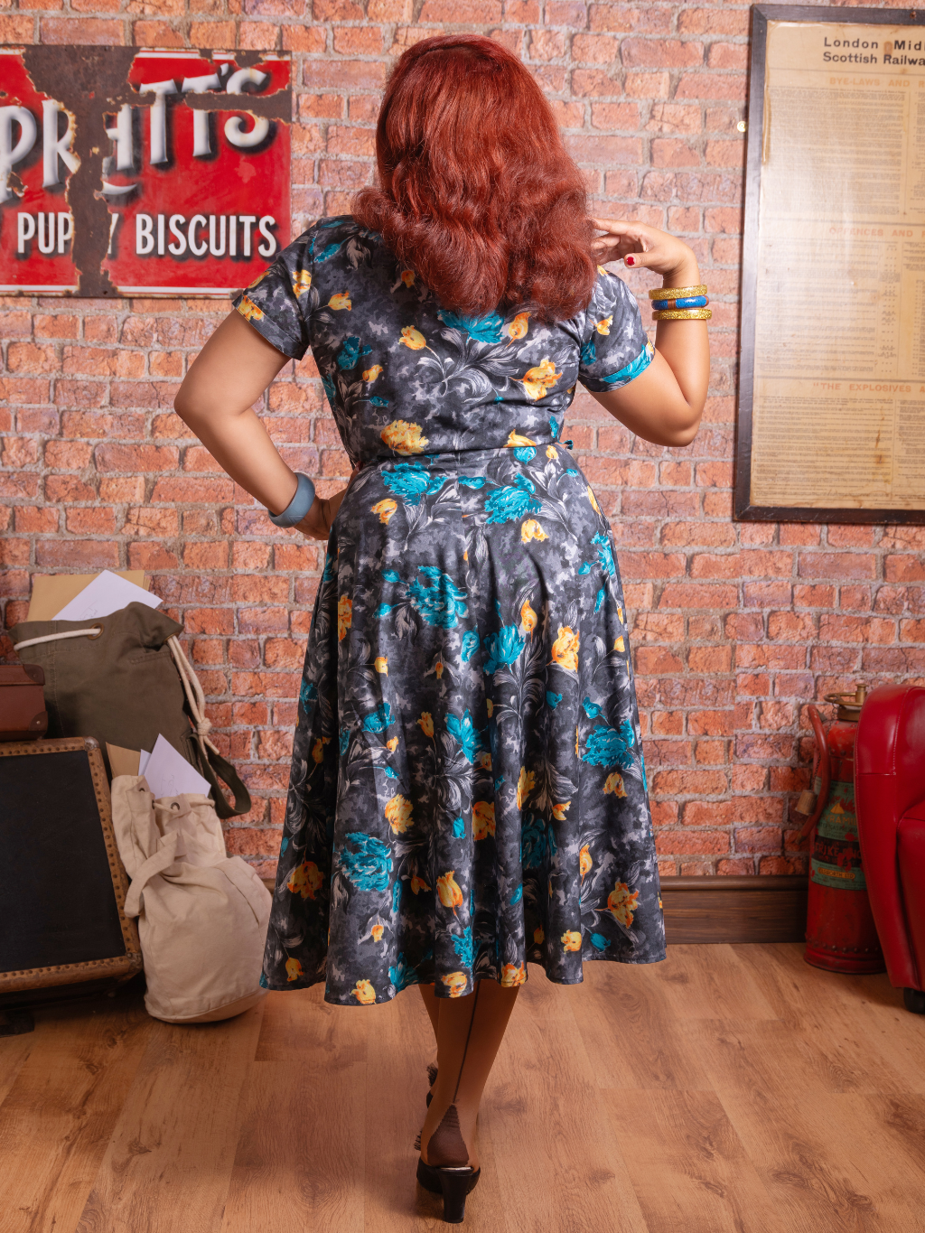 Lucy Retro Grey Dress with Floral Print