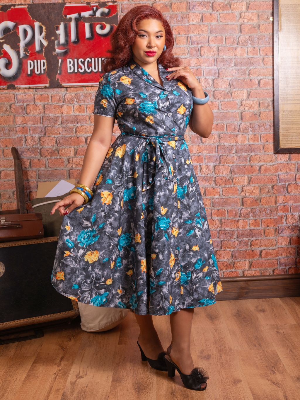 Lucy Retro Grey Dress with Floral Print