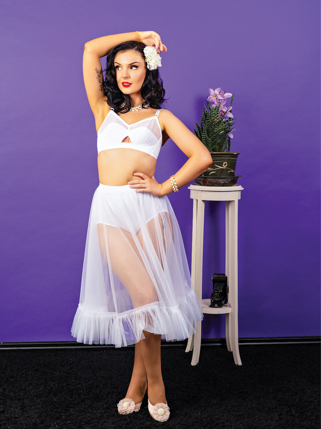 White petticoat paired  with white lingerie as a perfect base to any vintage dress