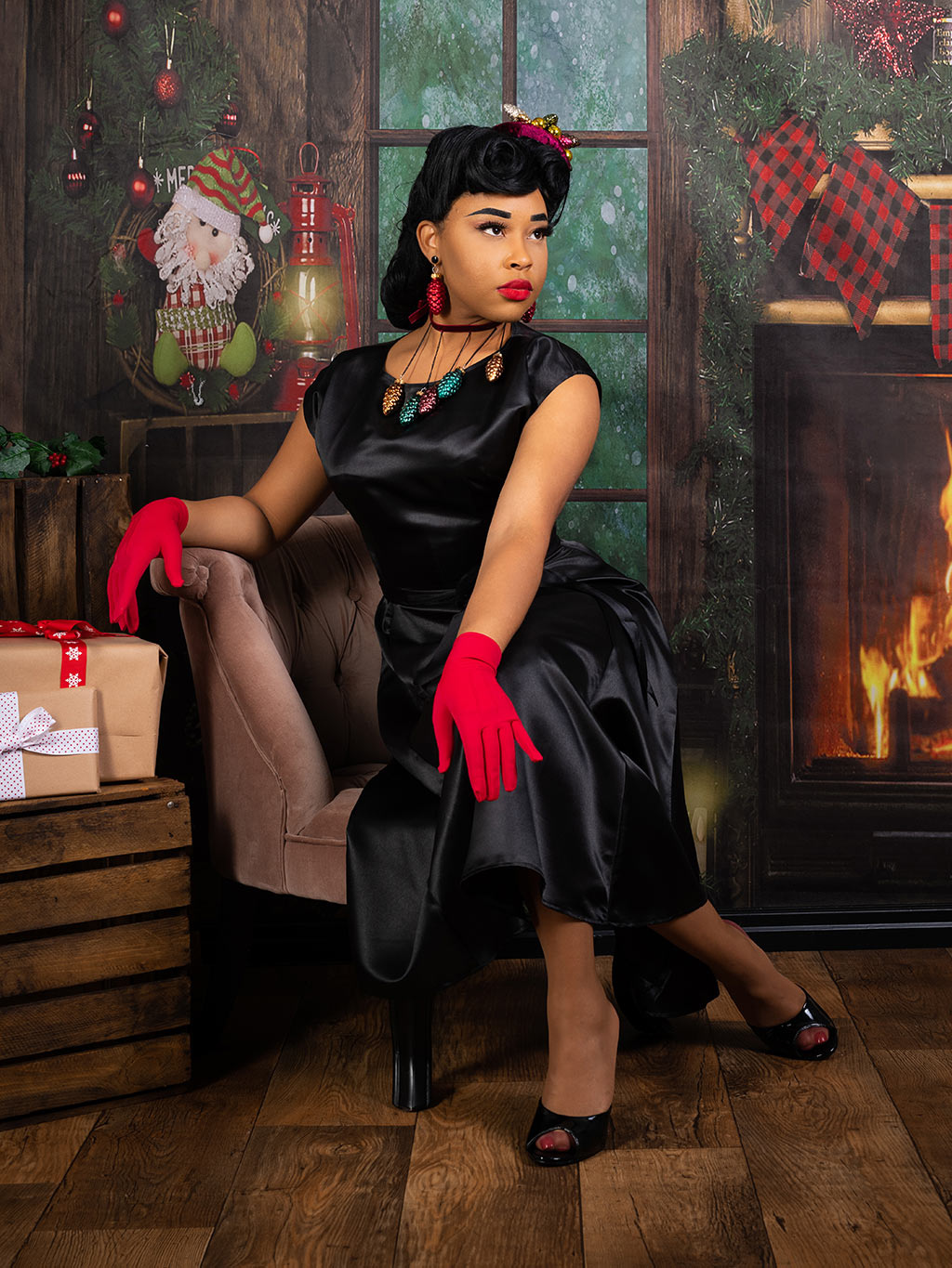 SD005 SAMPLE Black Satin Dress UK 12 / US 8