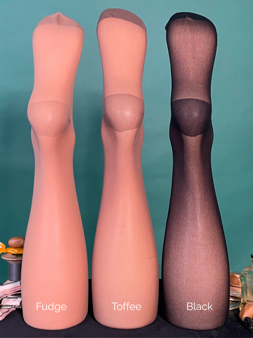 Three rht stockings labeled 'Fudge', 'Toffee', and 'Black' against a teal background.