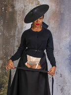 black 1950s black cotton circle skirt worn with adjustable waist