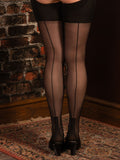 Person wearing black cuban heel stockings and high heels in front of a brick wall.