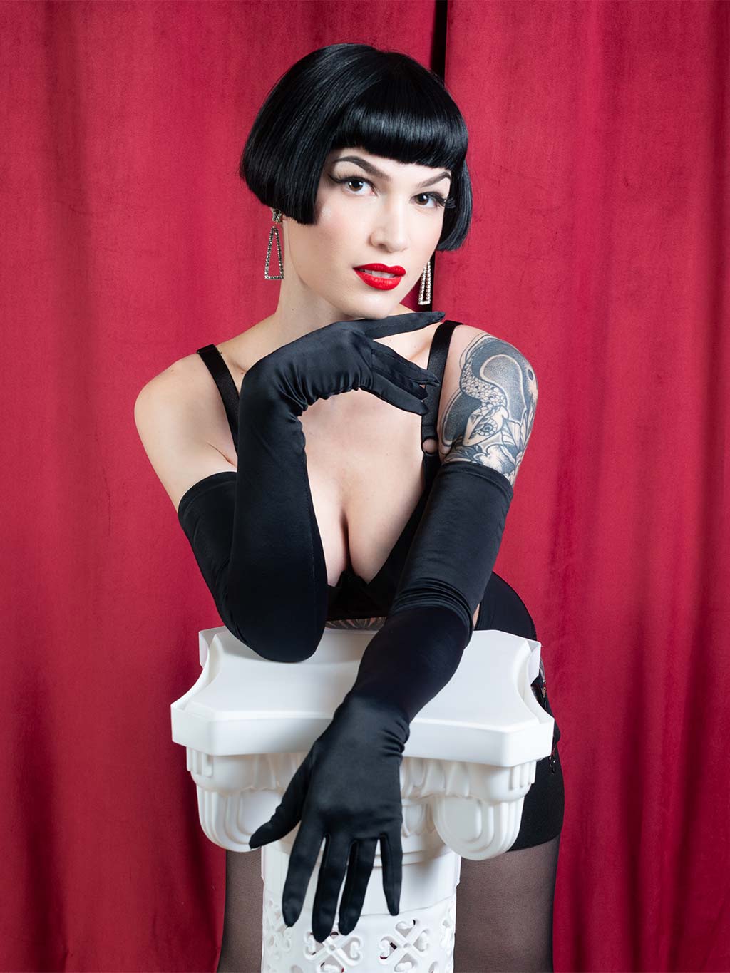 black opera length satin gloves