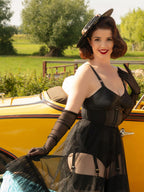 long black sheer gloves worn with matching vintage lingerie