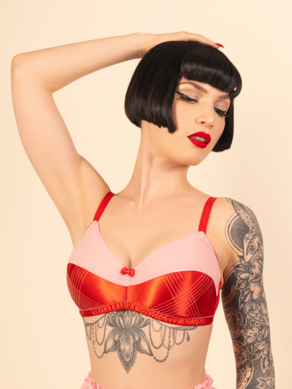 Vintage inspired Pink and red soft cup bra