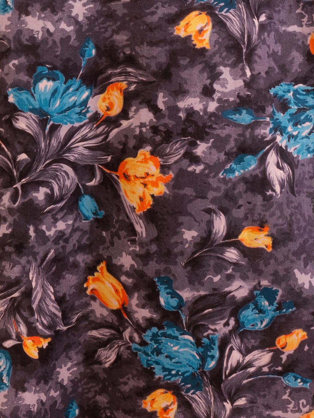 Vintage-inspired 1950s floral print in turquoise and burnt orange on muted grey cotton fabric