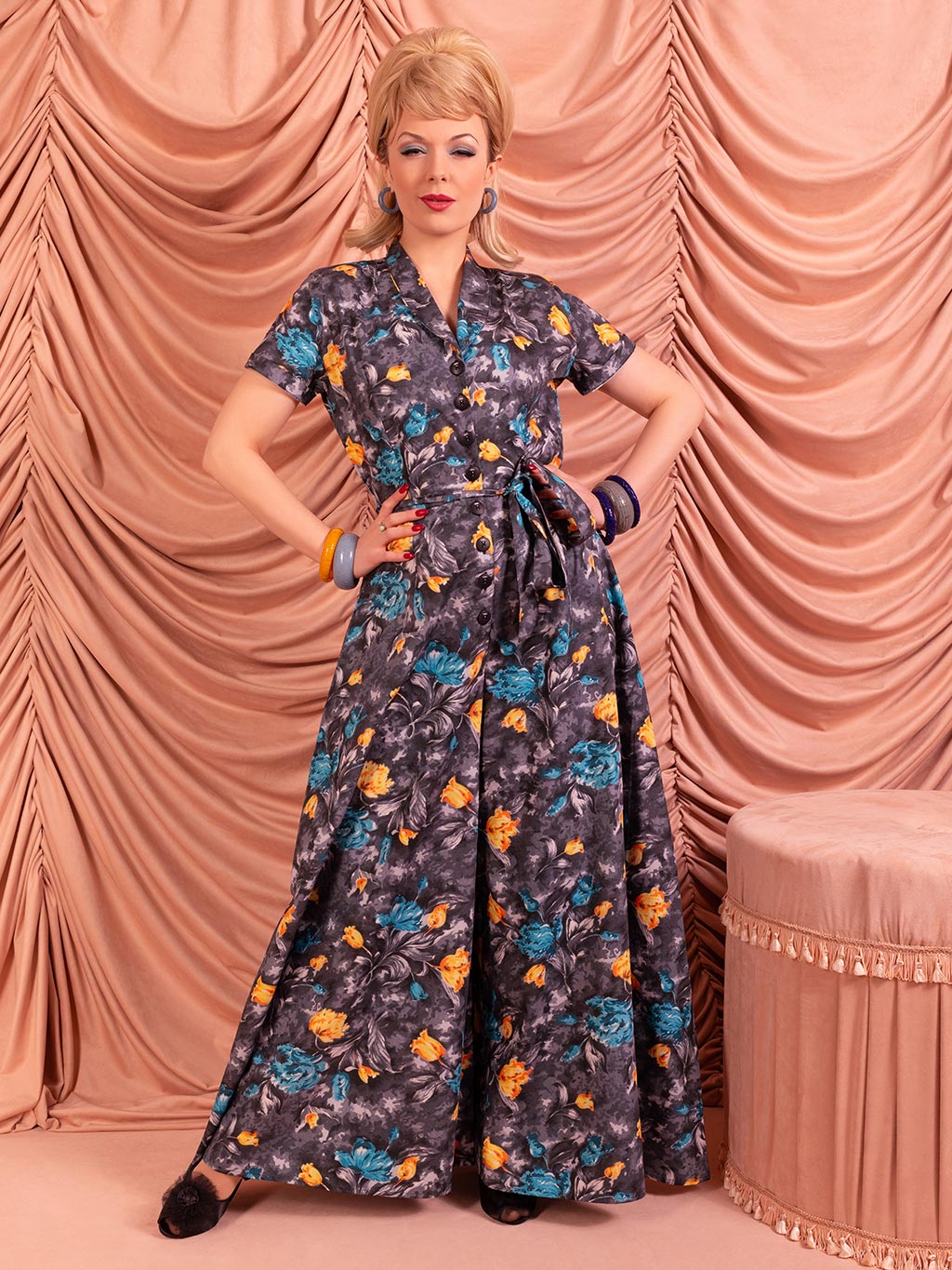 Model wearing vintage grey floral jumpsuit