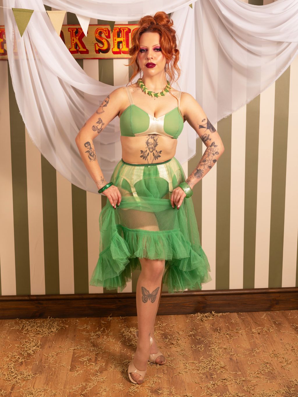 sheer nylon green frilly petticoat worn with matching lingerie