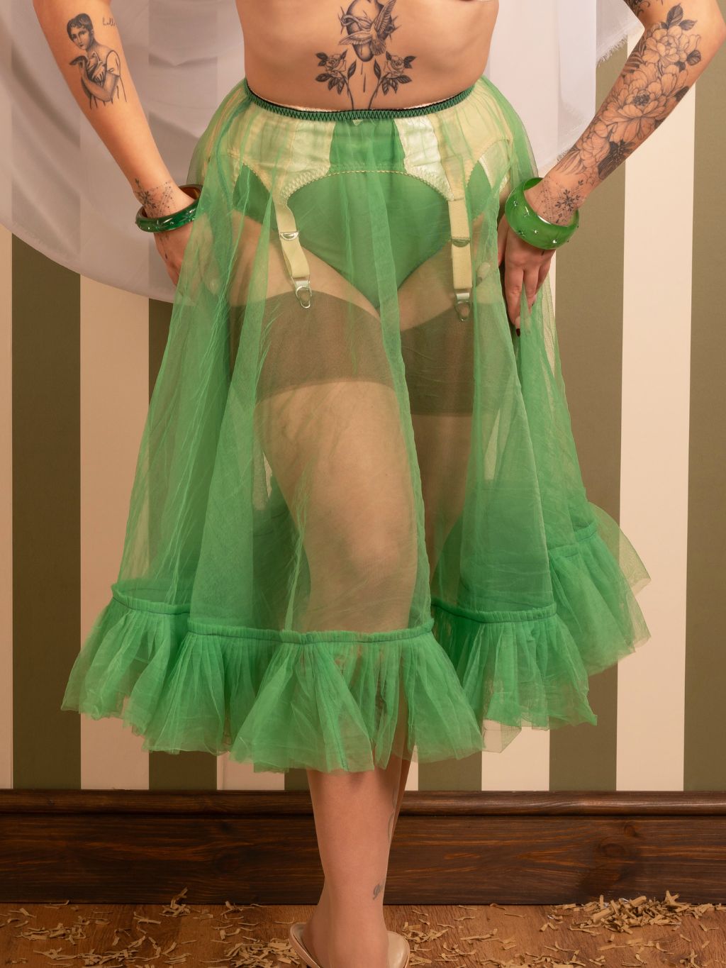 Green Sheer Nylon Frilly Petticoat L8021G