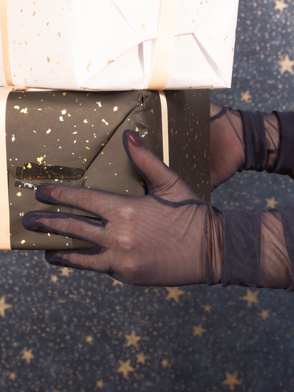 Long Navy Blue Sheer Gloves