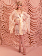 peach vintage lace short kimono robe worn over matching camiknicker