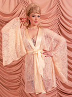 peach vintage lace short kimono robe worn over matching romper