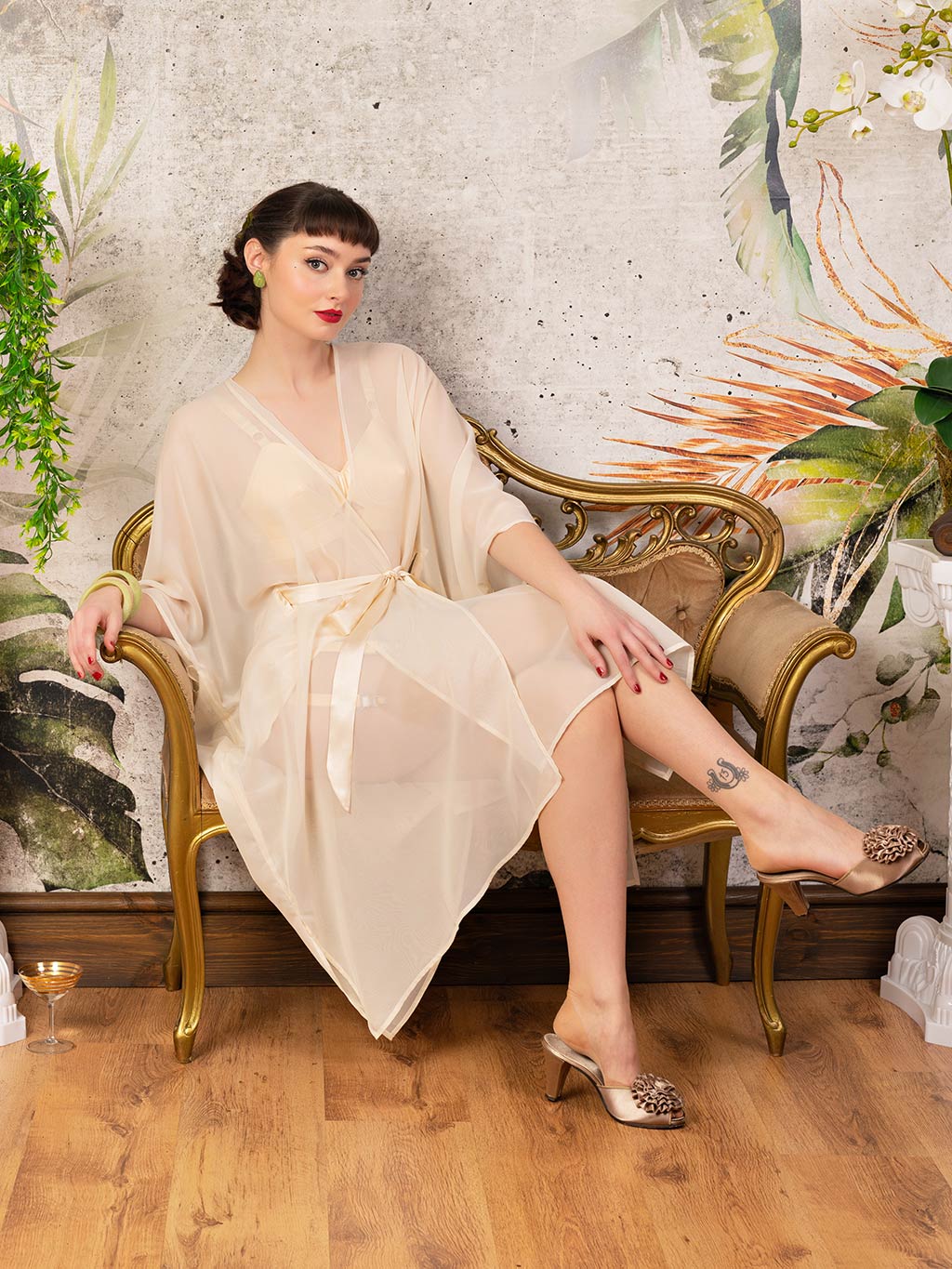 peach sheer robe worn with peach 1950s lingerie underneath