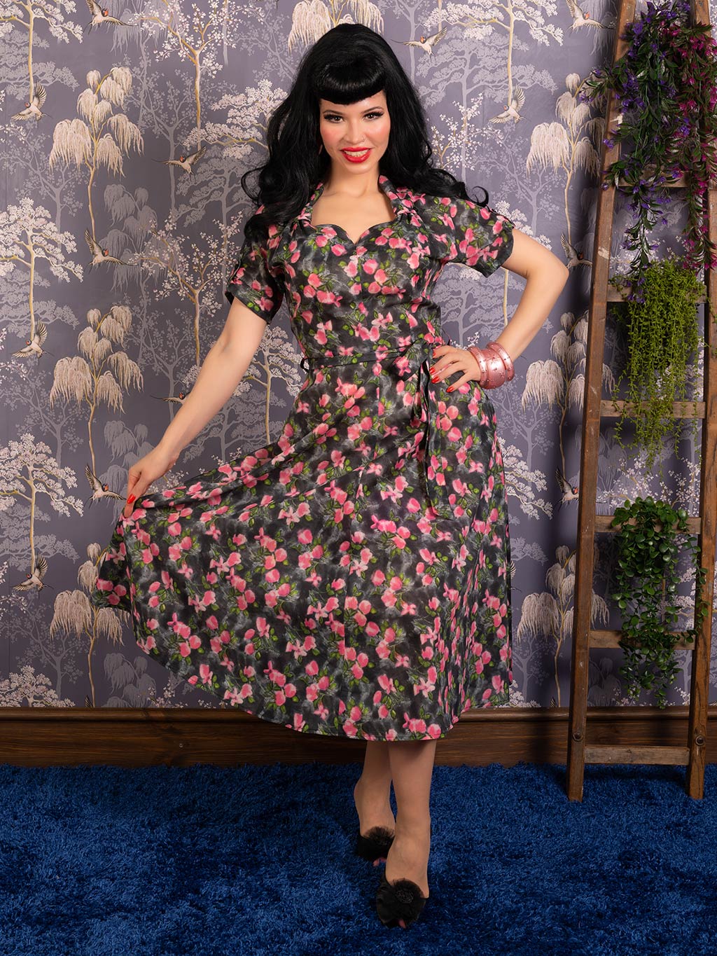 1940s floral print dress in smudgy grey, pink and green.
