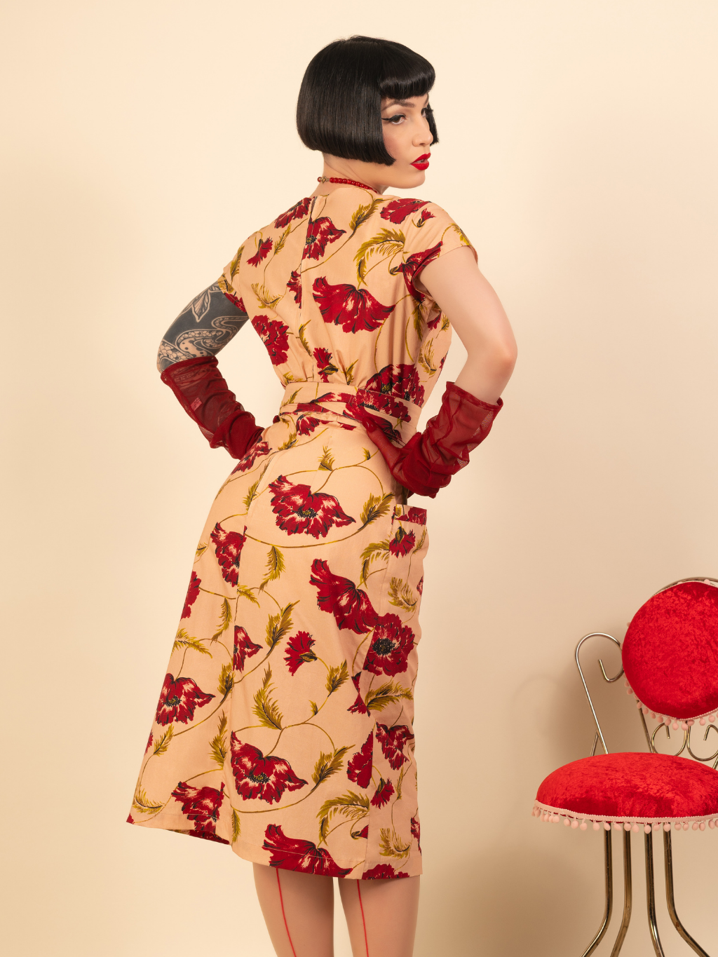 Pink dress with red roses fitted pencil like dress.