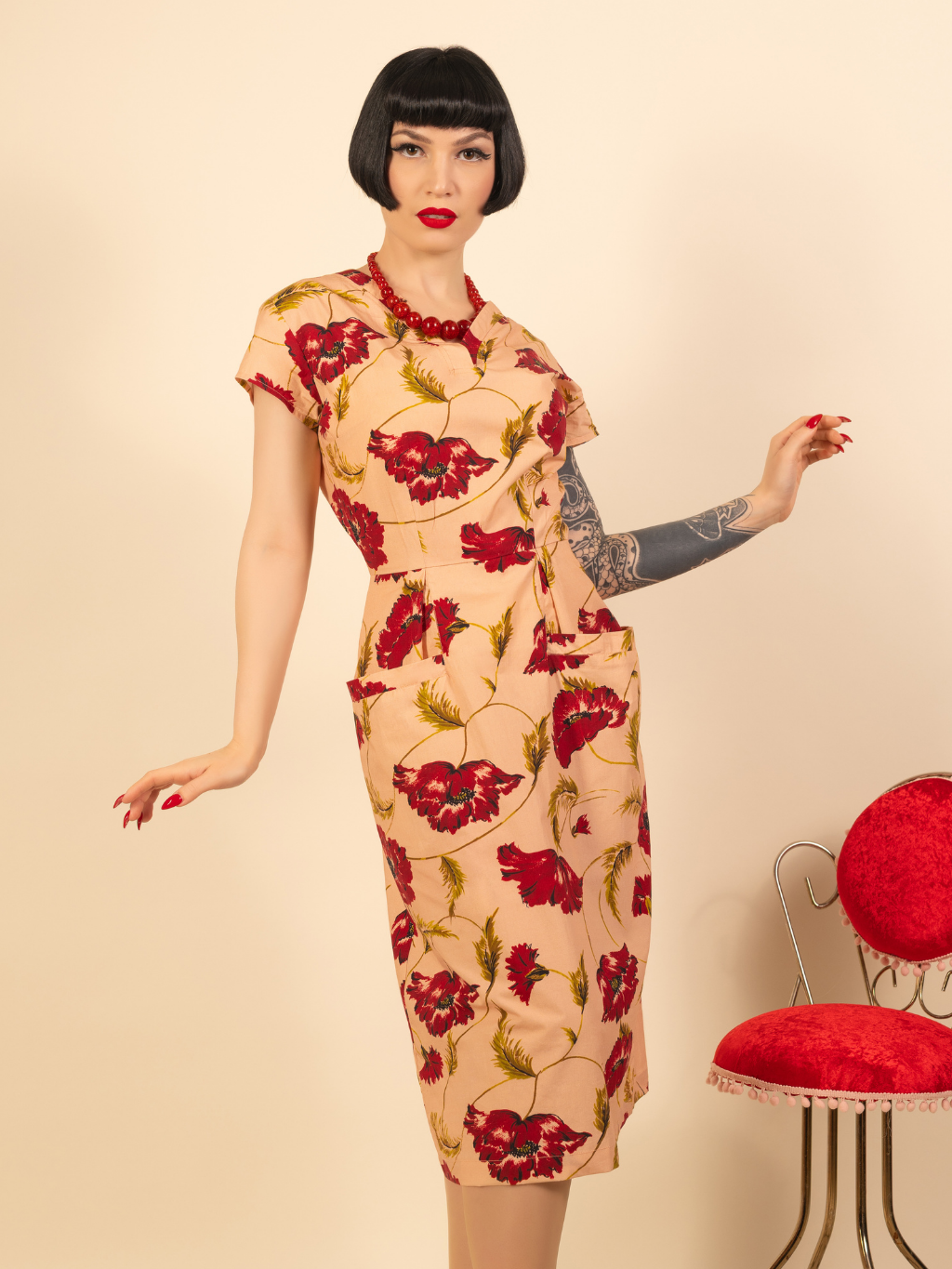 Pink dress with red roses fitted pencil like dress.