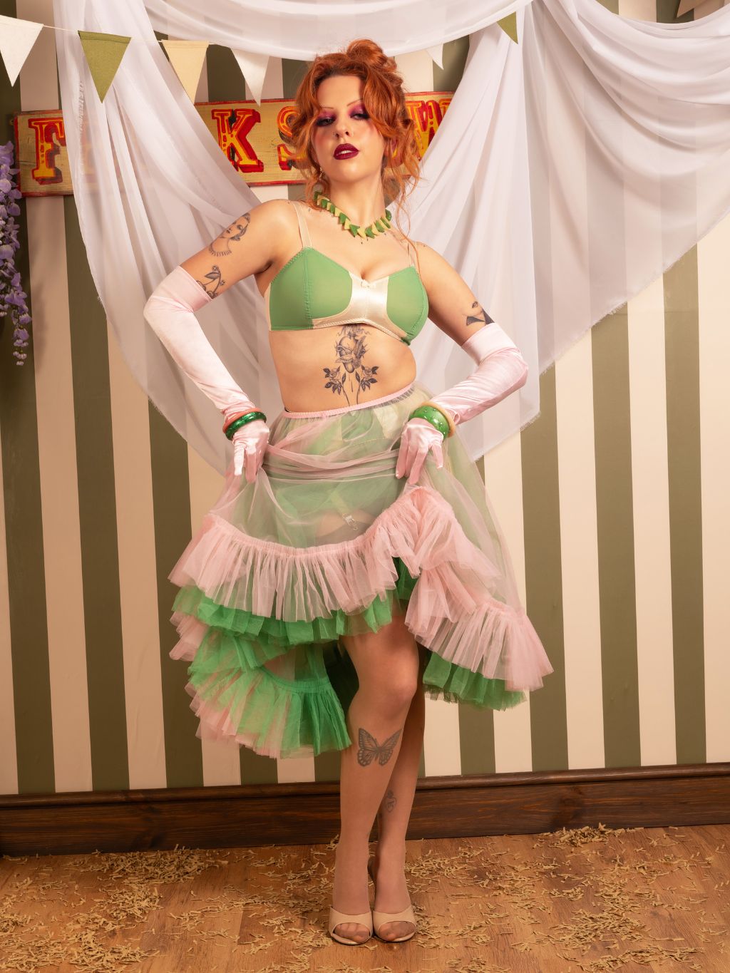 pink and green frilly petticoats worn together with matching lingerie