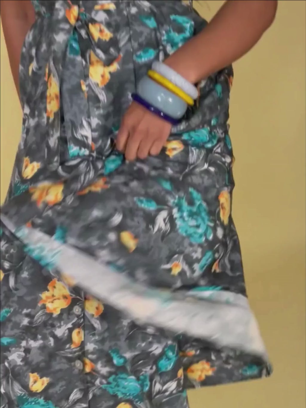 retro 1950s grey dress with floral print in burnt orange and turquoise