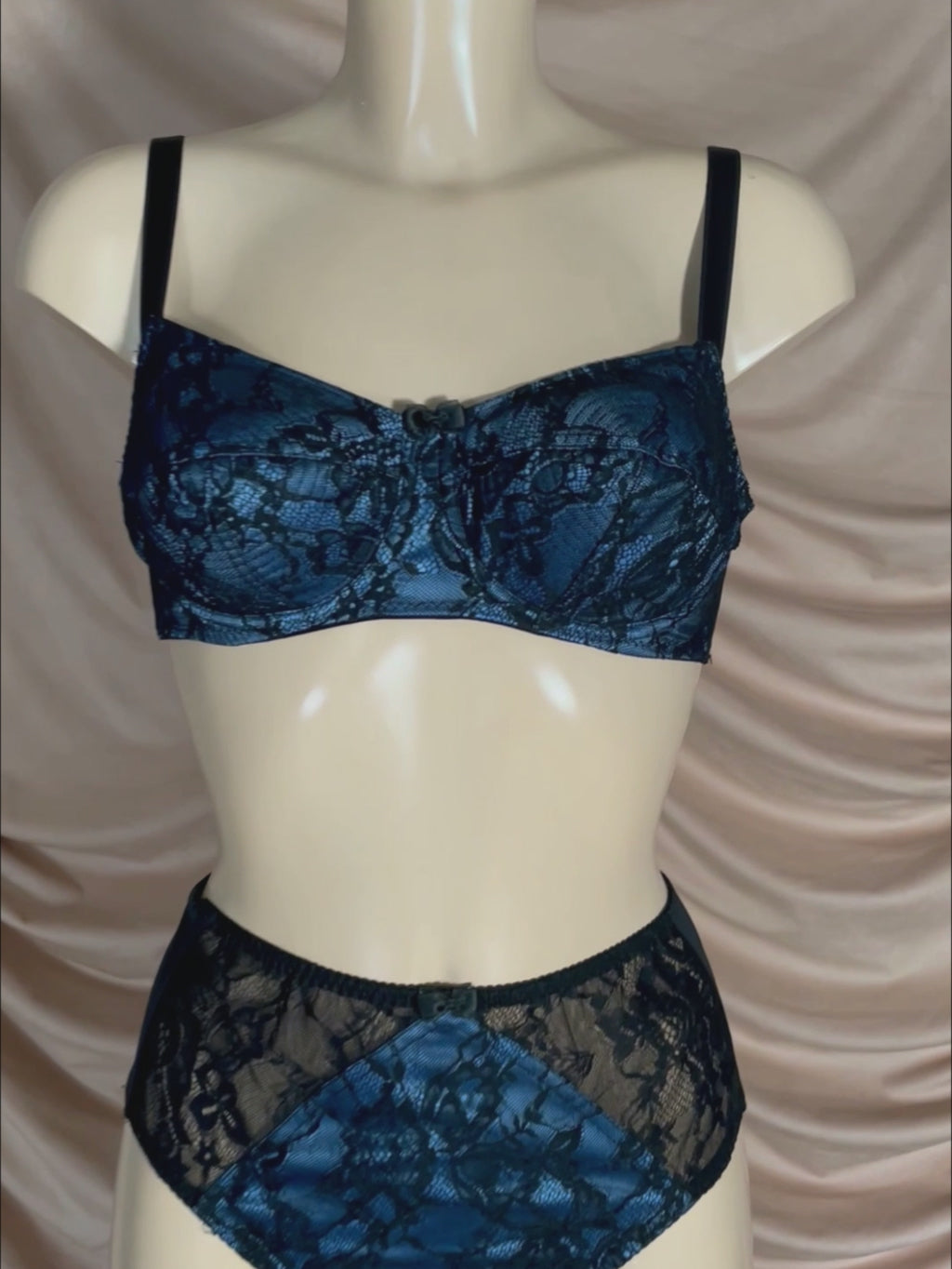 video of vintage blue satin bra with blac lace