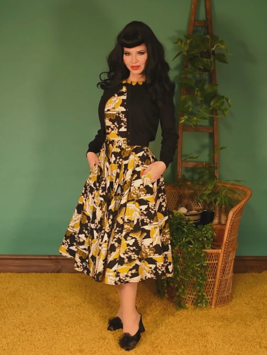 vintage print dress in a Japanese crane design in mustard, black and cream