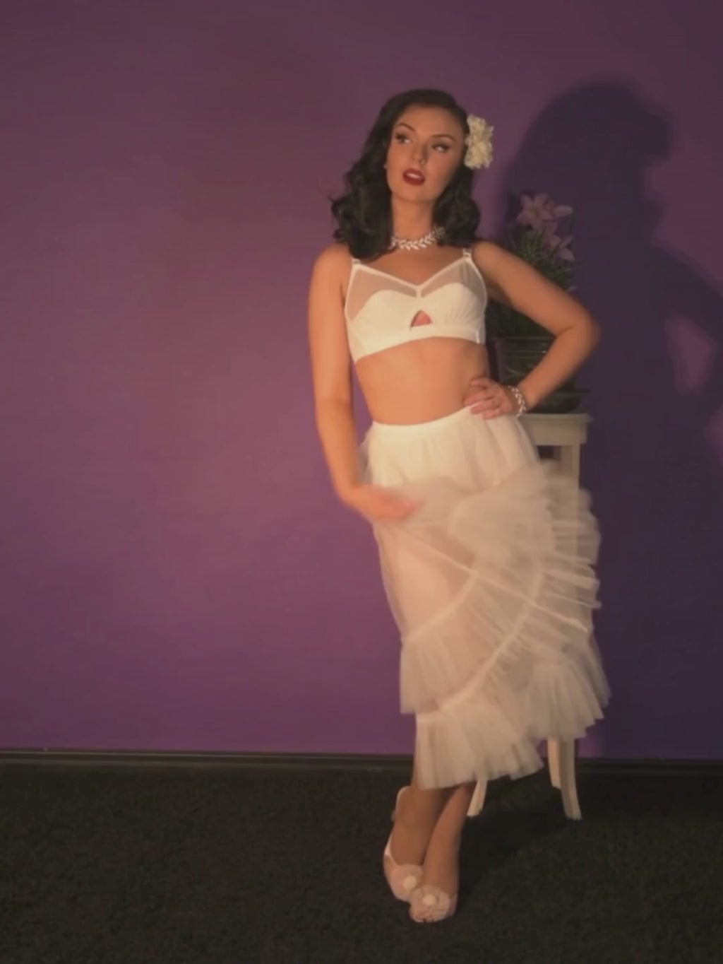 White petticoat paired with white lingerie as a perfect base to any vintage dress