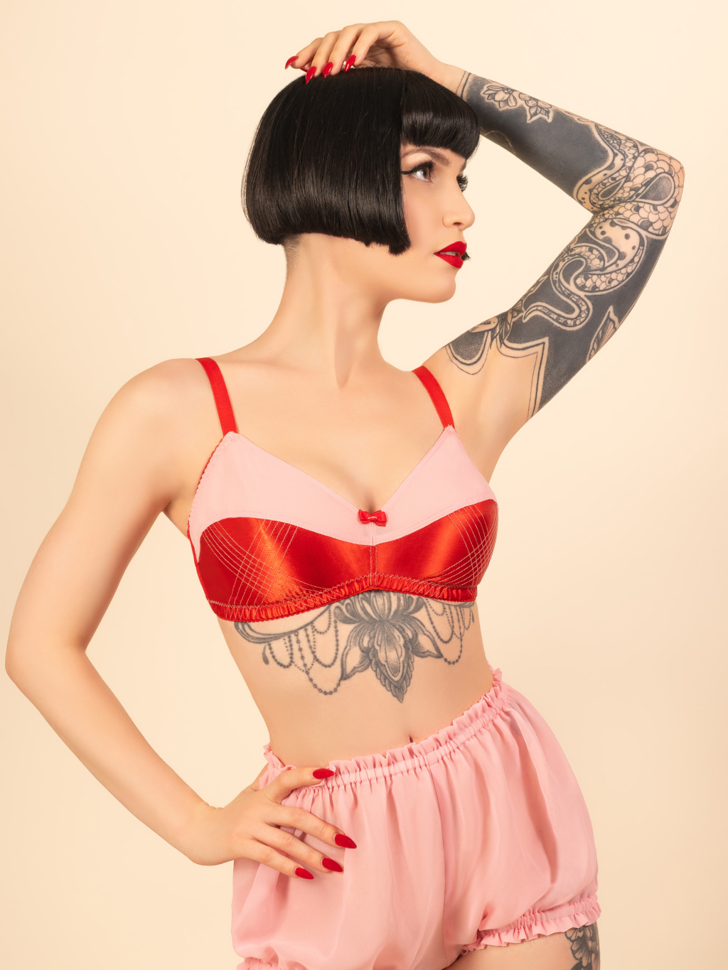 Vintage inspired Pink and red soft cup bra