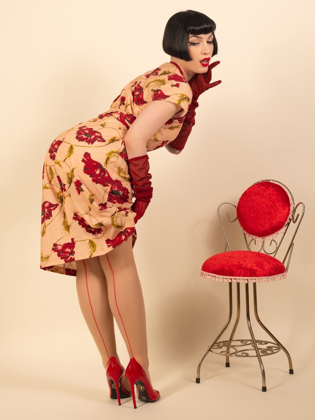 Pink dress with red roses fitted pencil like dress.