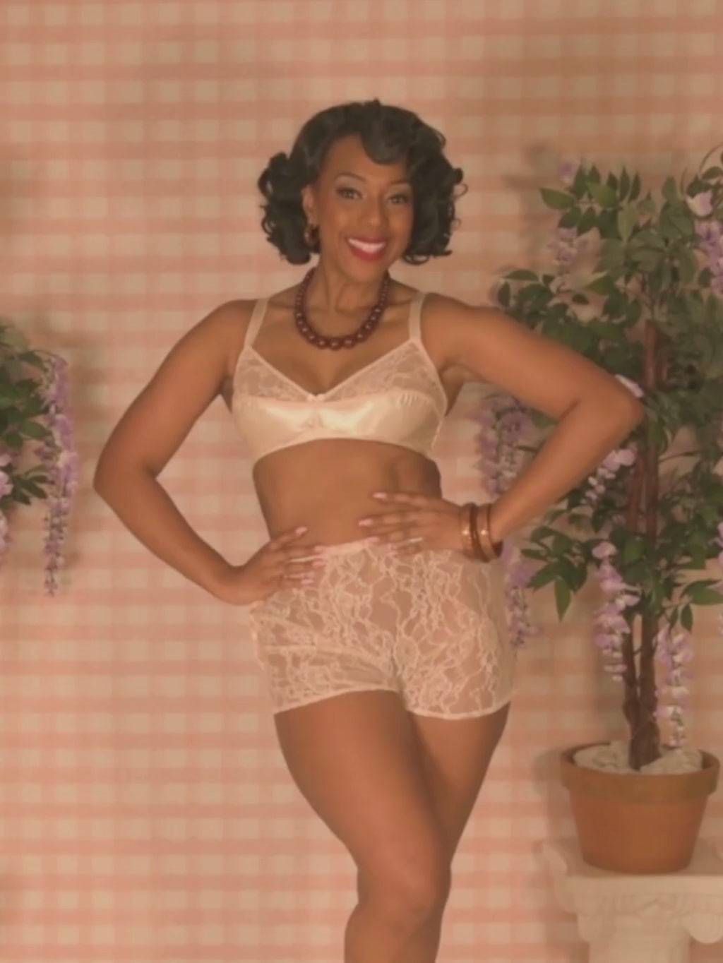 Peach lace knickers and satin soft cup bra