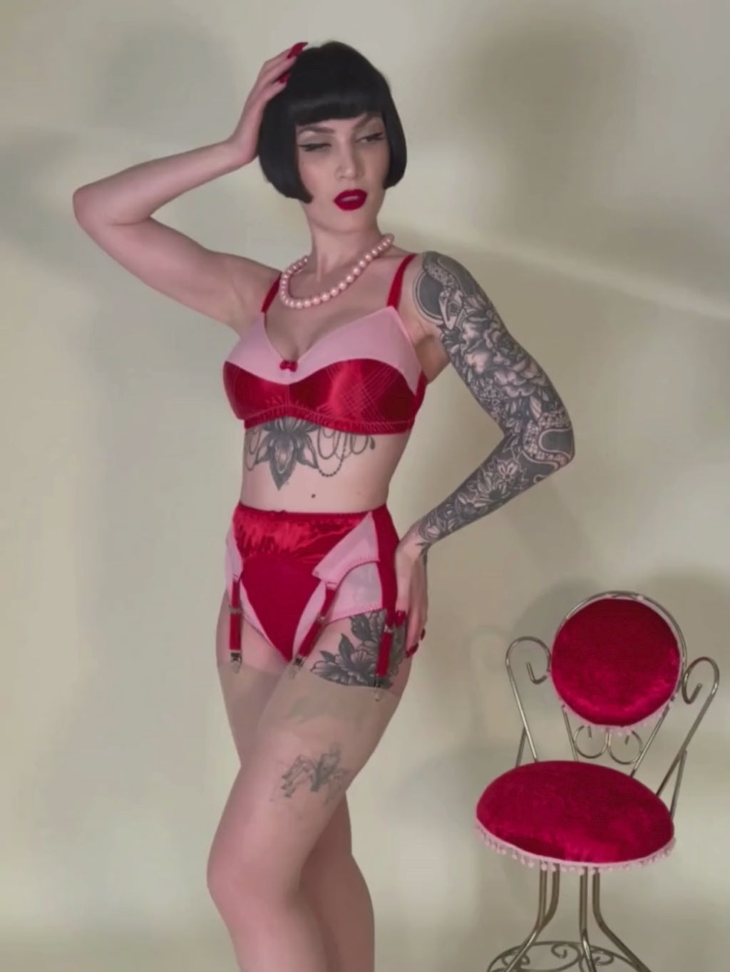 Vintage inspired Pink and red soft cup bra