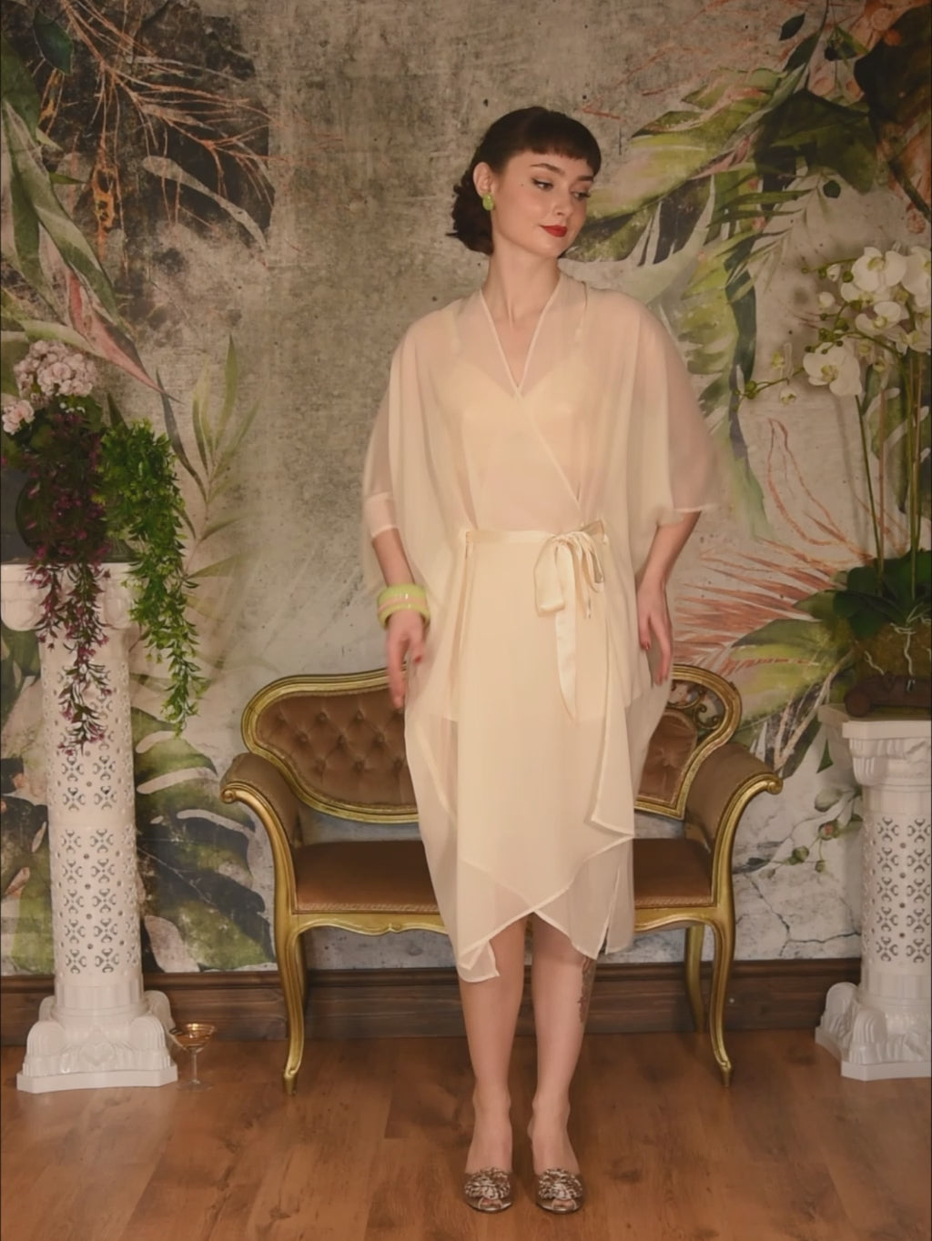 peach kaftan sheer robe with satin french knickers and bullet bra