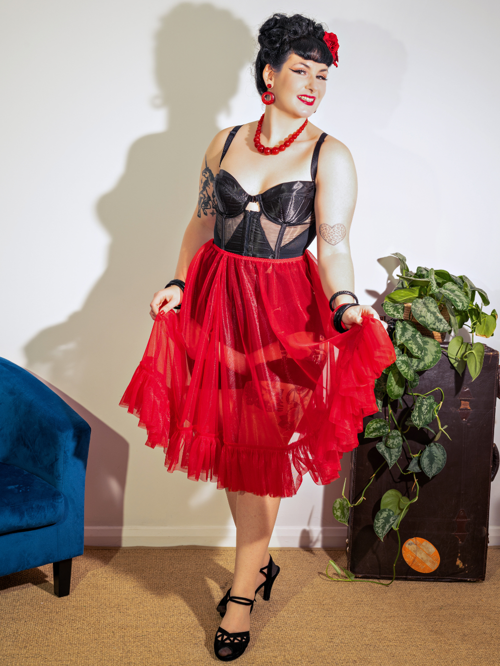 sheer red frilly petticoat