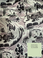 vintage motor racing scene in green and black printed on duchess satin