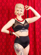 retro black high waist knickers worn with matching soft cup bra