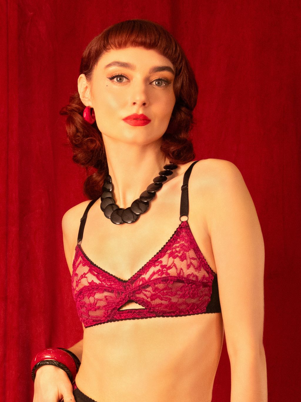 retro soft cup bra in berry lace with black trim