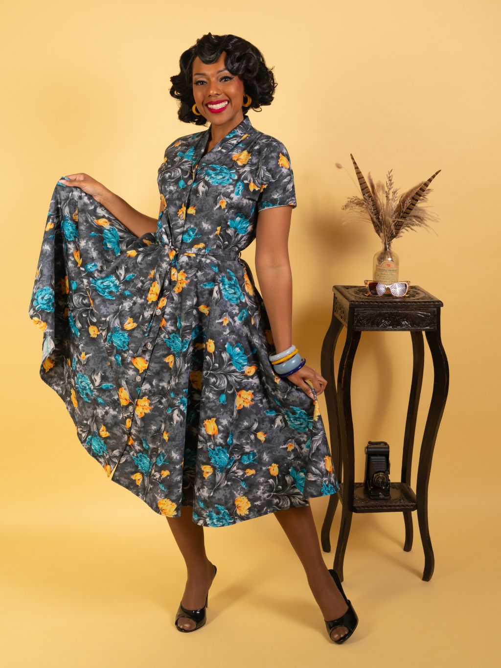 retro grey dress with vintage glass buttons and floral print in burnt orange and turquoise